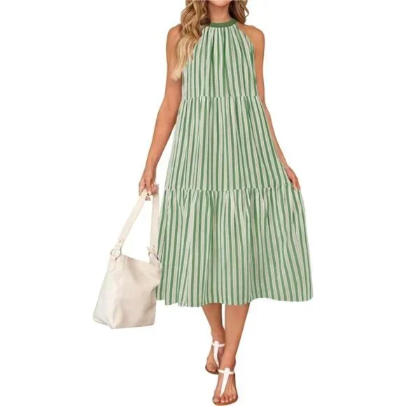 Dresses | Summer Striped Midi Dress Casual Sleeveless Halter Neck Flowy  Tiered | Poshmark